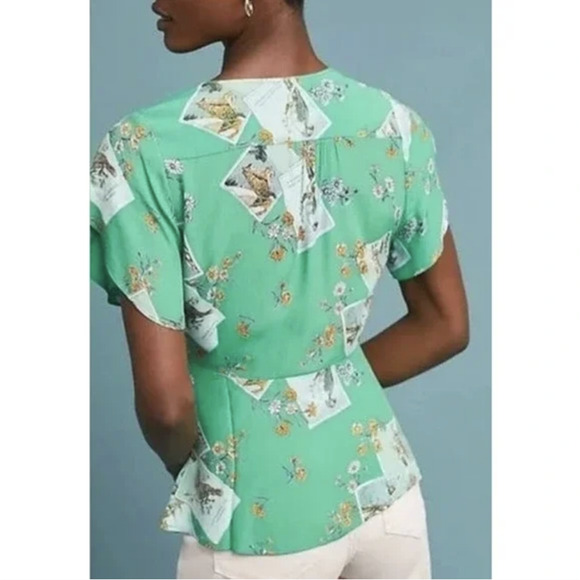 MEADOW RUE ANTHROPOLOGIE Bon Voyage Wrap Blouse Green Floral SS Boho - Picture 4 of 12
